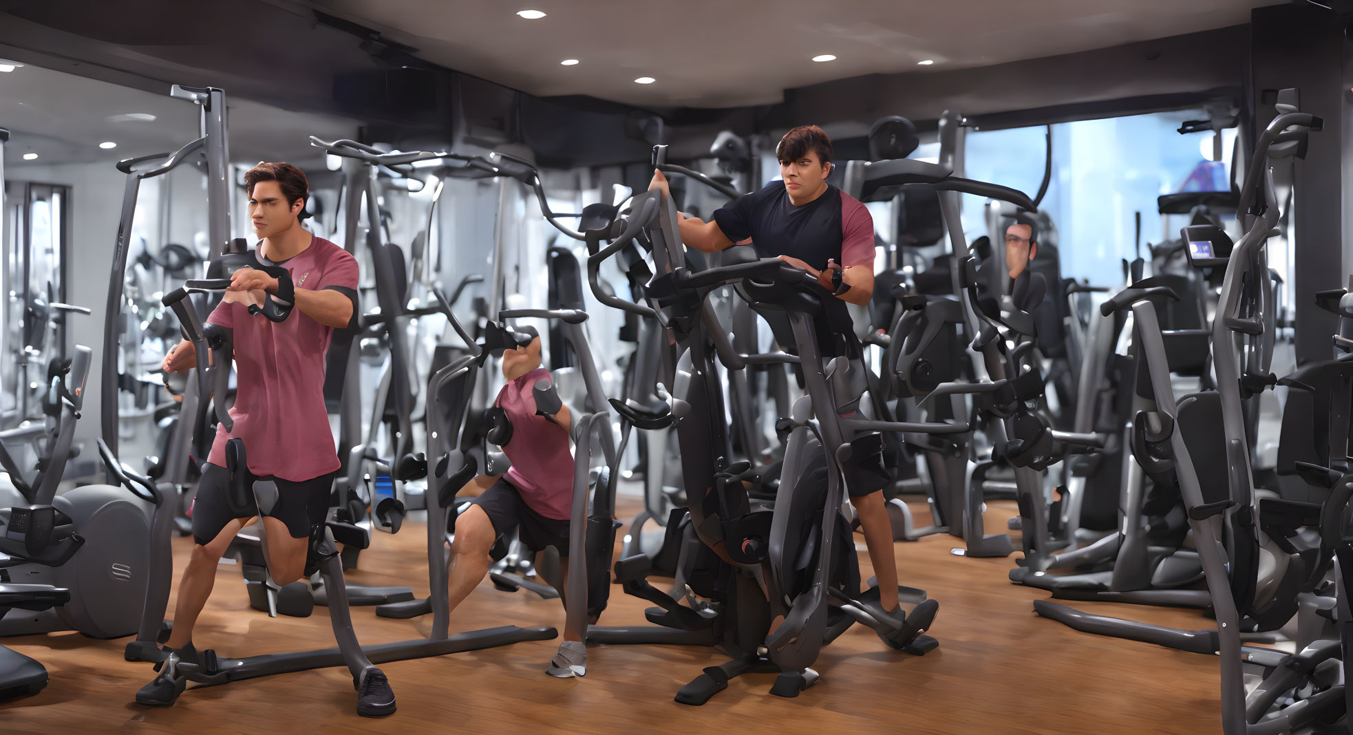 Two individuals working out on elliptical machines in a fully-equipped gym setting.