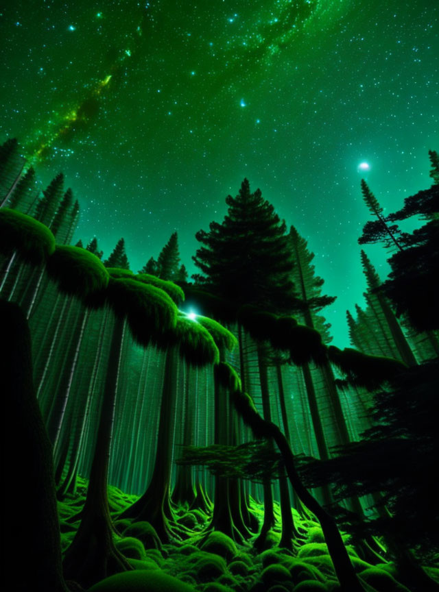 Surreal green-lit forest under starry sky with vibrant aurora borealis