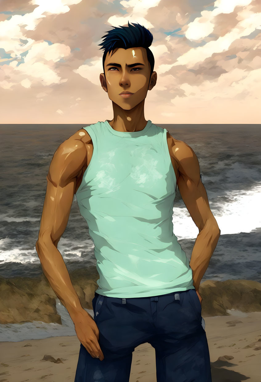 Muscular man with blue hair in sleeveless top on beach