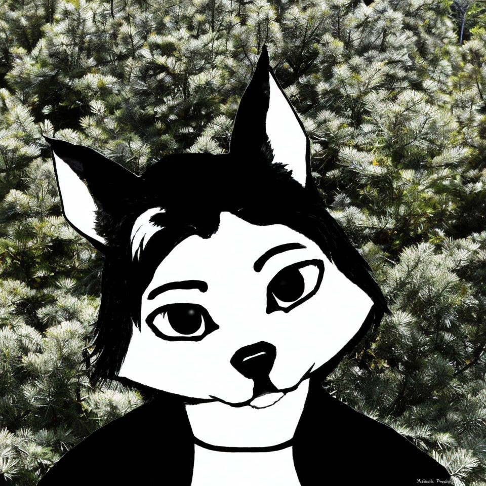 Anthropomorphic black and white fox digital artwork on blurred green foliage