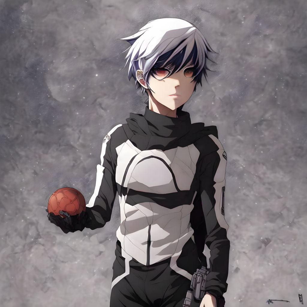 Silver-Haired Animated Character in Futuristic Outfit with Red Orb