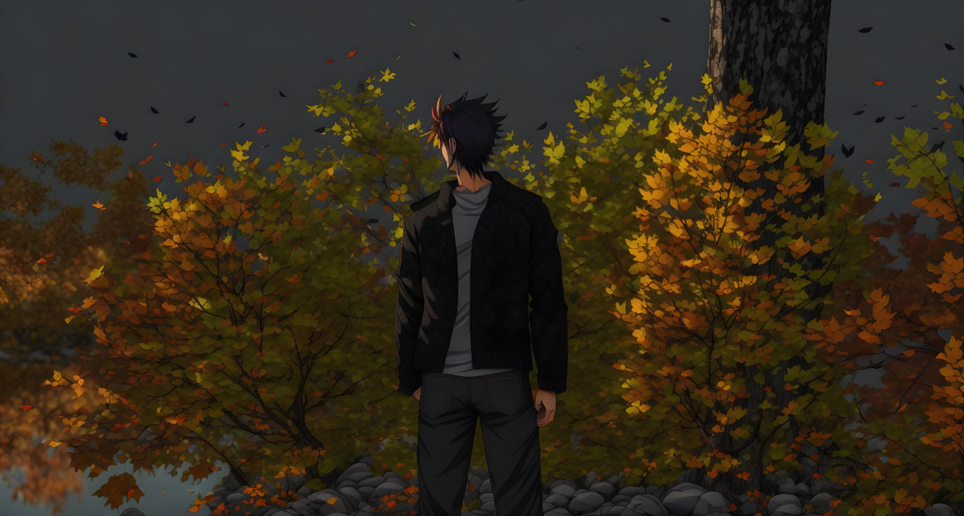 Dark-Haired Anime Character in Autumn Forest with Falling Leaves