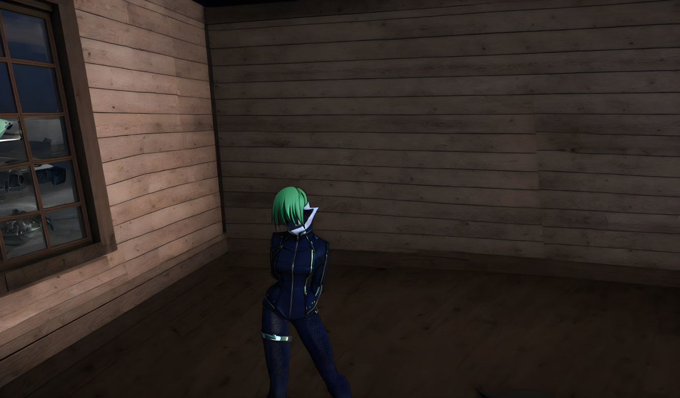 Green-haired character in blue outfit in dimly lit cabin with window on left