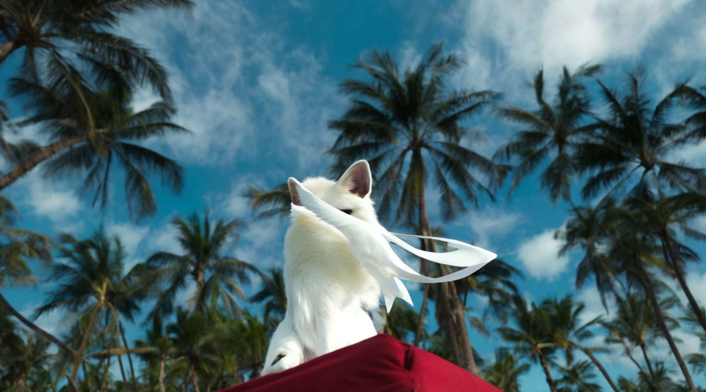 White Cat with Paper Plane on Red Surface Under Palm Trees