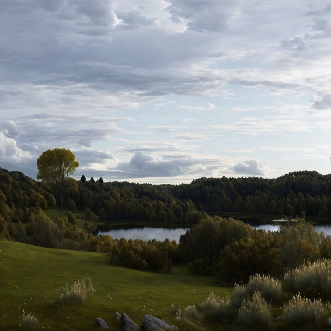 Tranquil landscape with lush meadow, lake, and woodland under cloudy sky