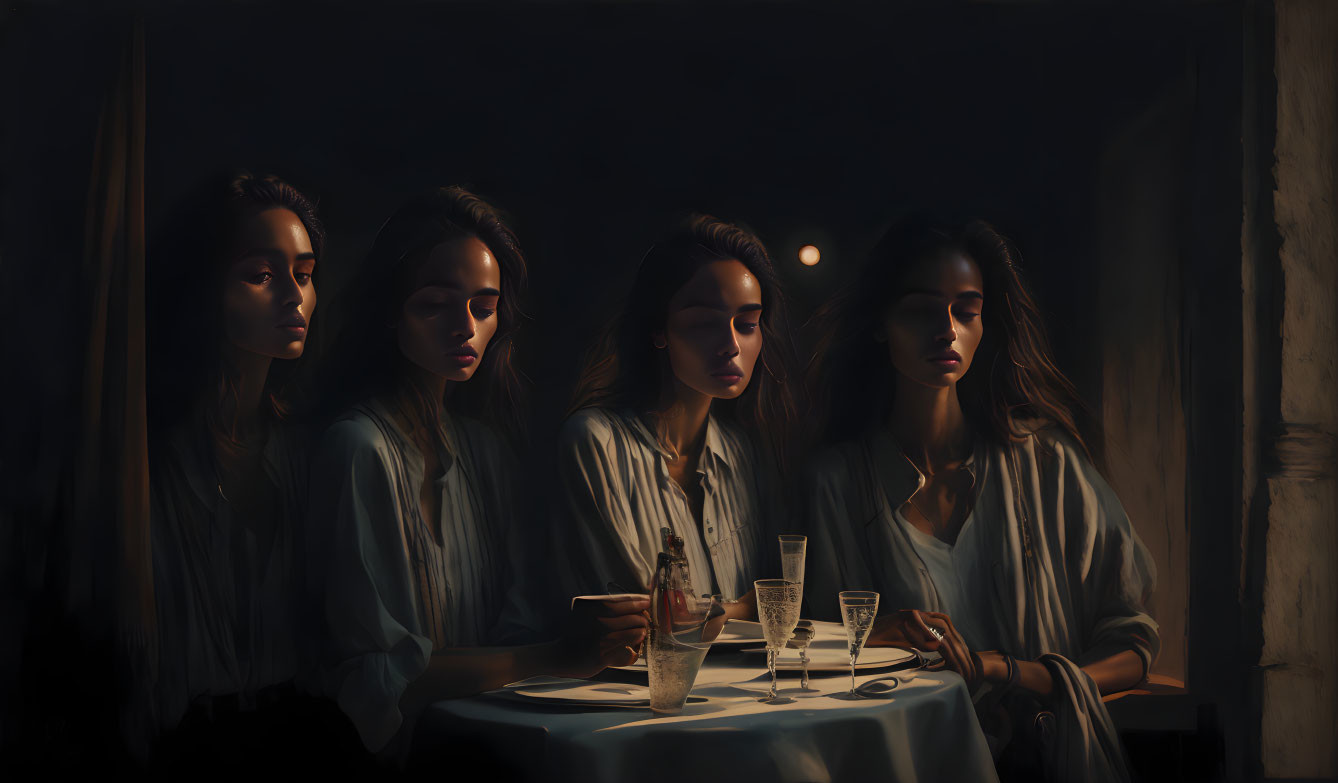 Five Women Sitting at Table in Dim Lighting with Contemplative Expressions