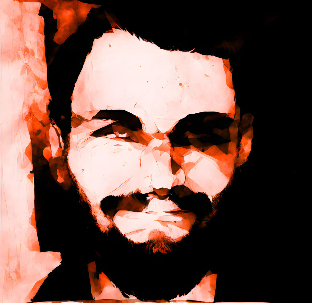 Abstract portrait of bearded man in red and orange hues