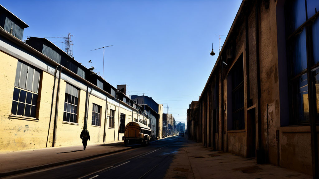 Shadowy urban street with lone figure, parked van, and yellow industrial buildings under clear blue sky