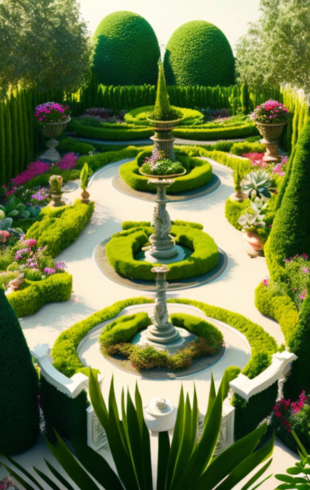 Symmetrical Topiaries and Fountain in Ornate Garden