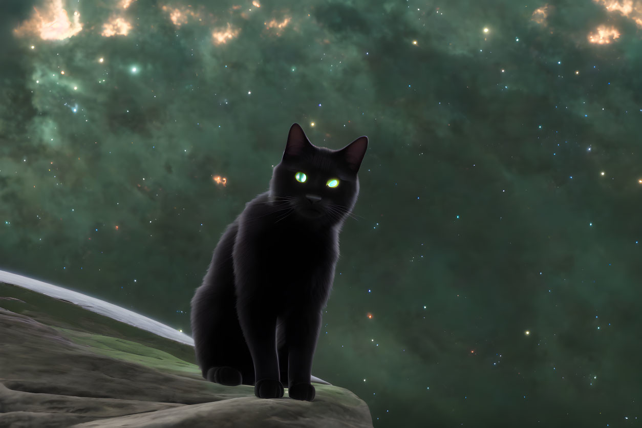 Black Cat with Luminous Green Eyes in Space Nebula