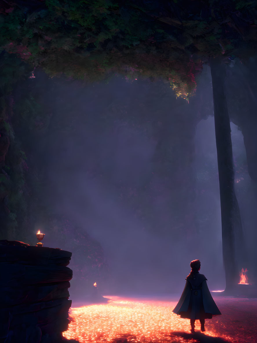 Cloaked figure by lava river in mystical forest at dusk