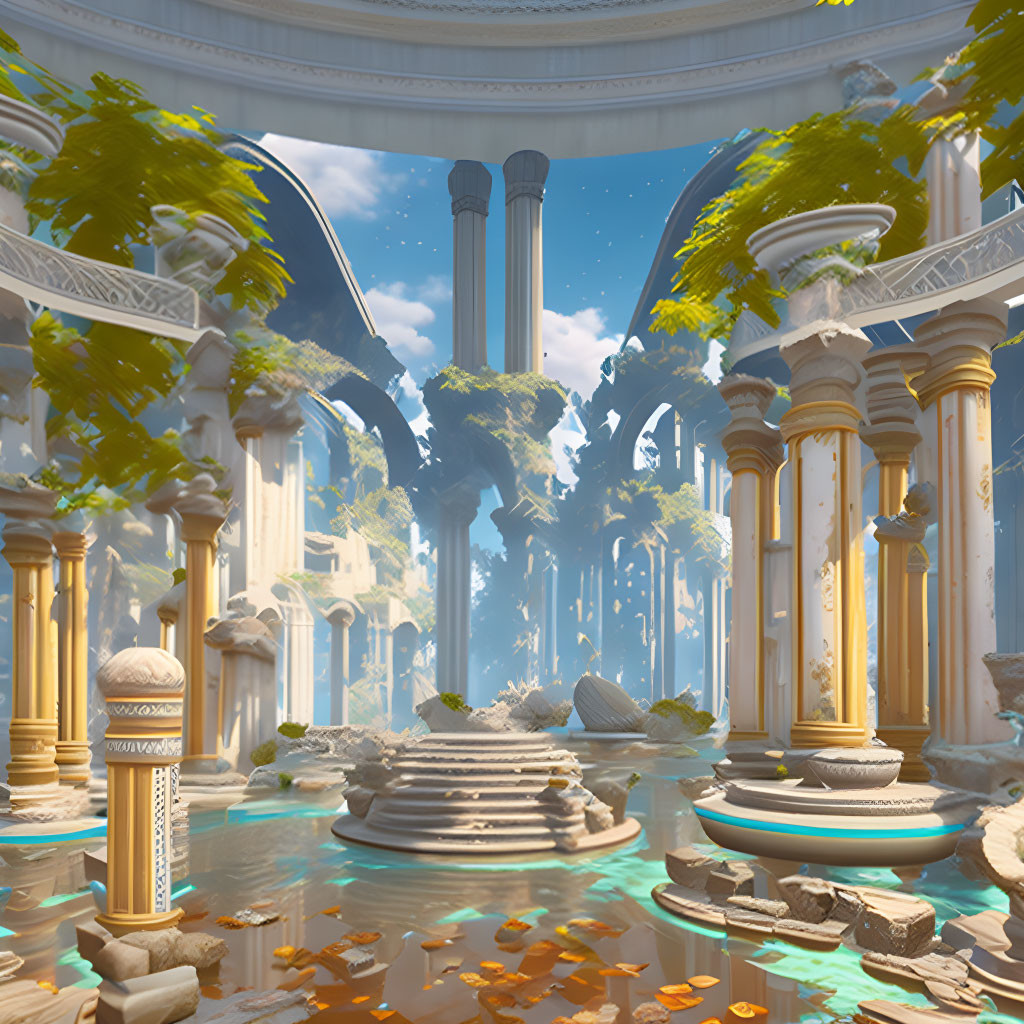 Fantastical open-air temple with classical columns and celestial elements