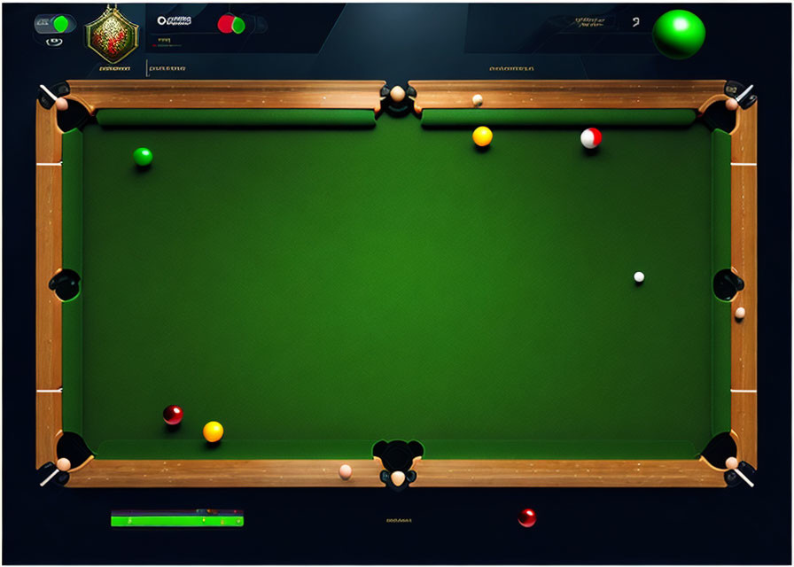 Pool table setup with balls, cues, and scoreboard visible.