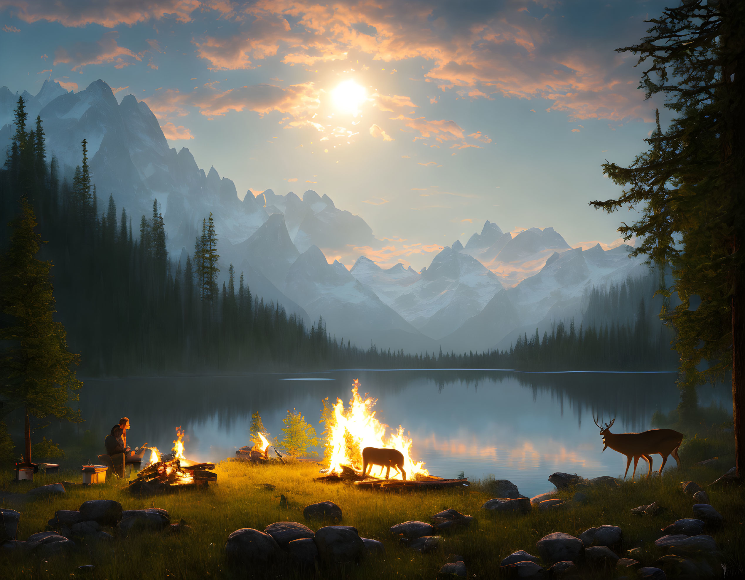 Tranquil Mountain Lake Sunset Scene with Campfire and Deer