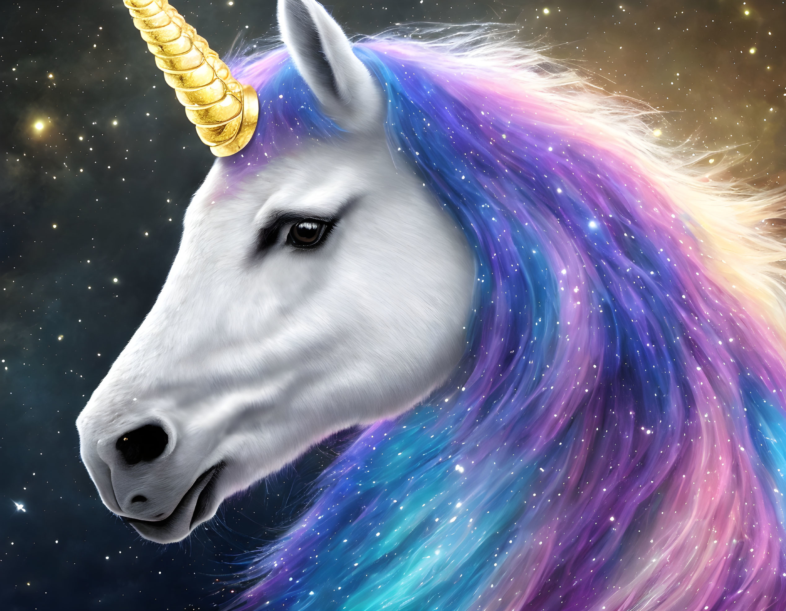 Detailed Unicorn Head Illustration with Gold Horn & Rainbow Mane on Starry Night Sky