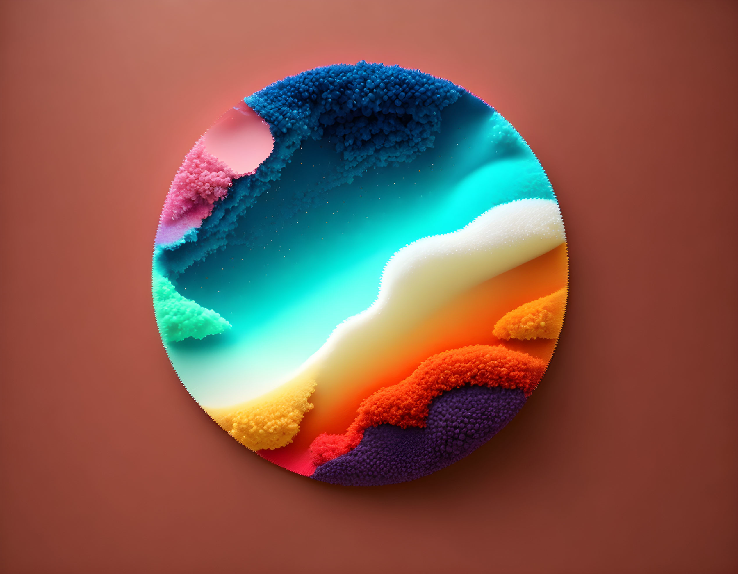 Colorful Circular Abstract Illustration with Textured Layers and Gradients Depicting a Fantastical