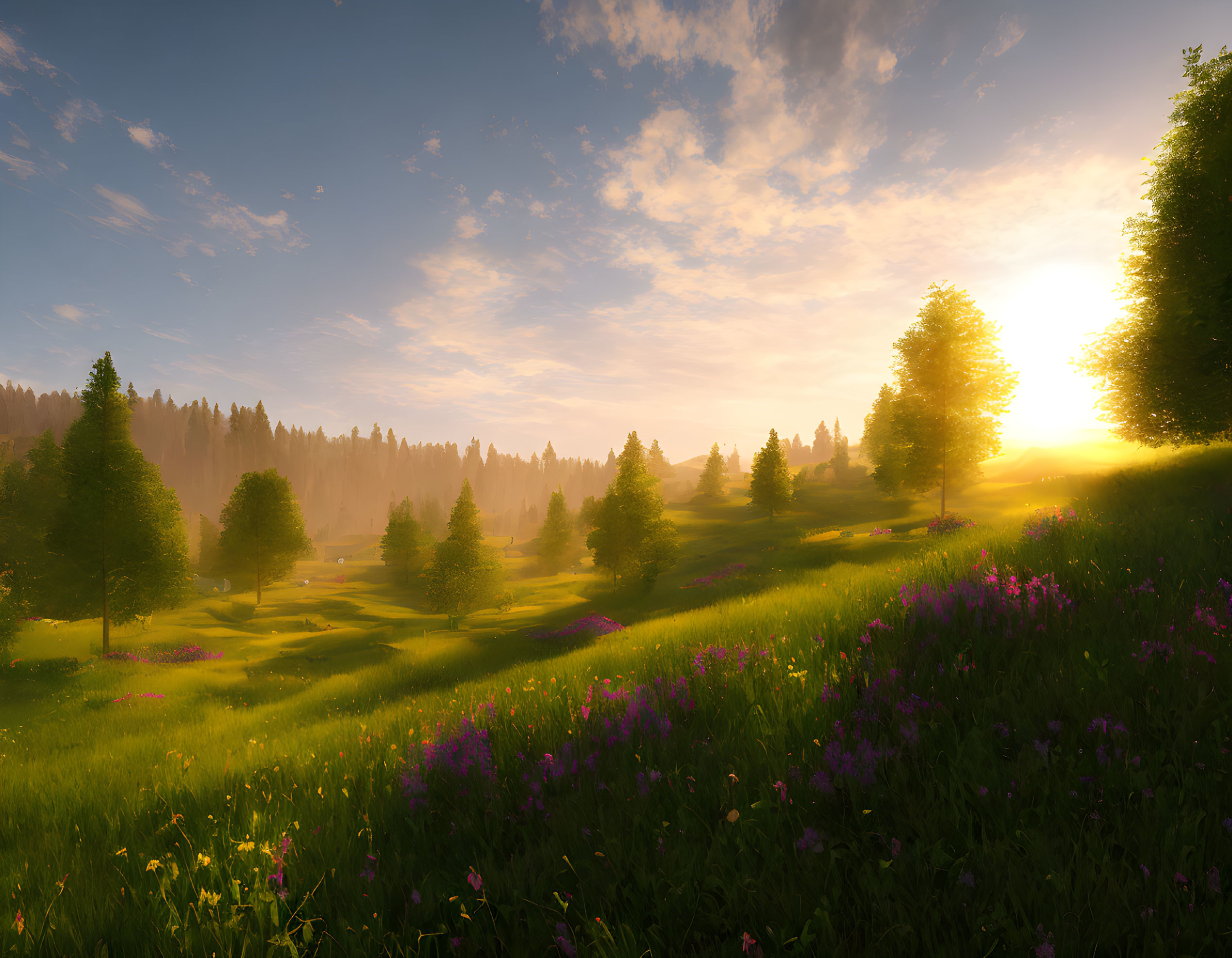 Tranquil meadow with purple wildflowers and sunlit trees at sunrise