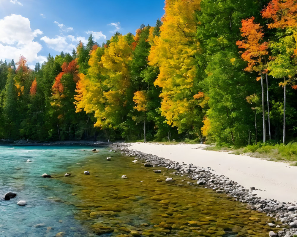 Scenic riverbank with clear waters, autumn trees, and blue sky