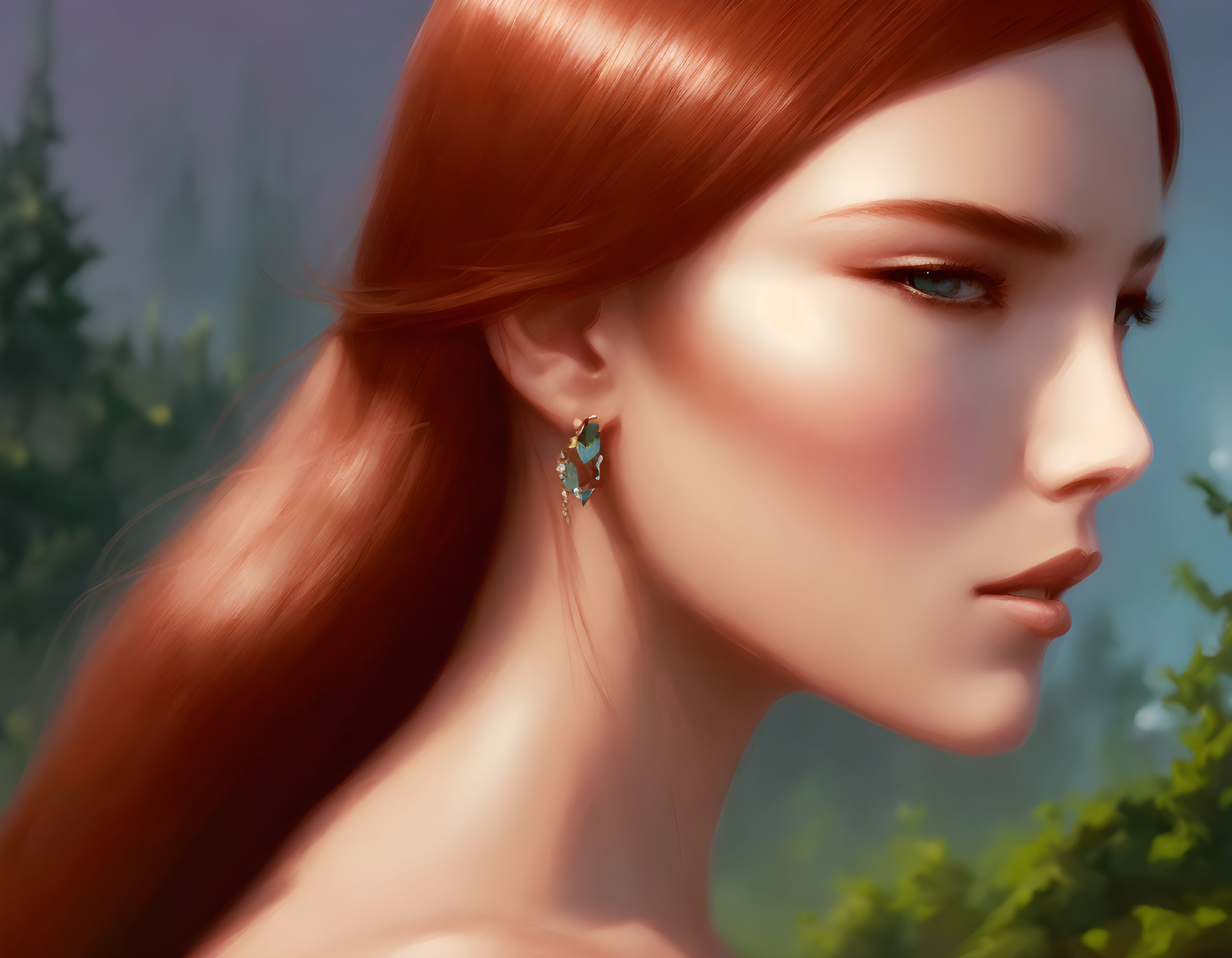 Auburn-Haired Woman Digital Art Against Forest Background