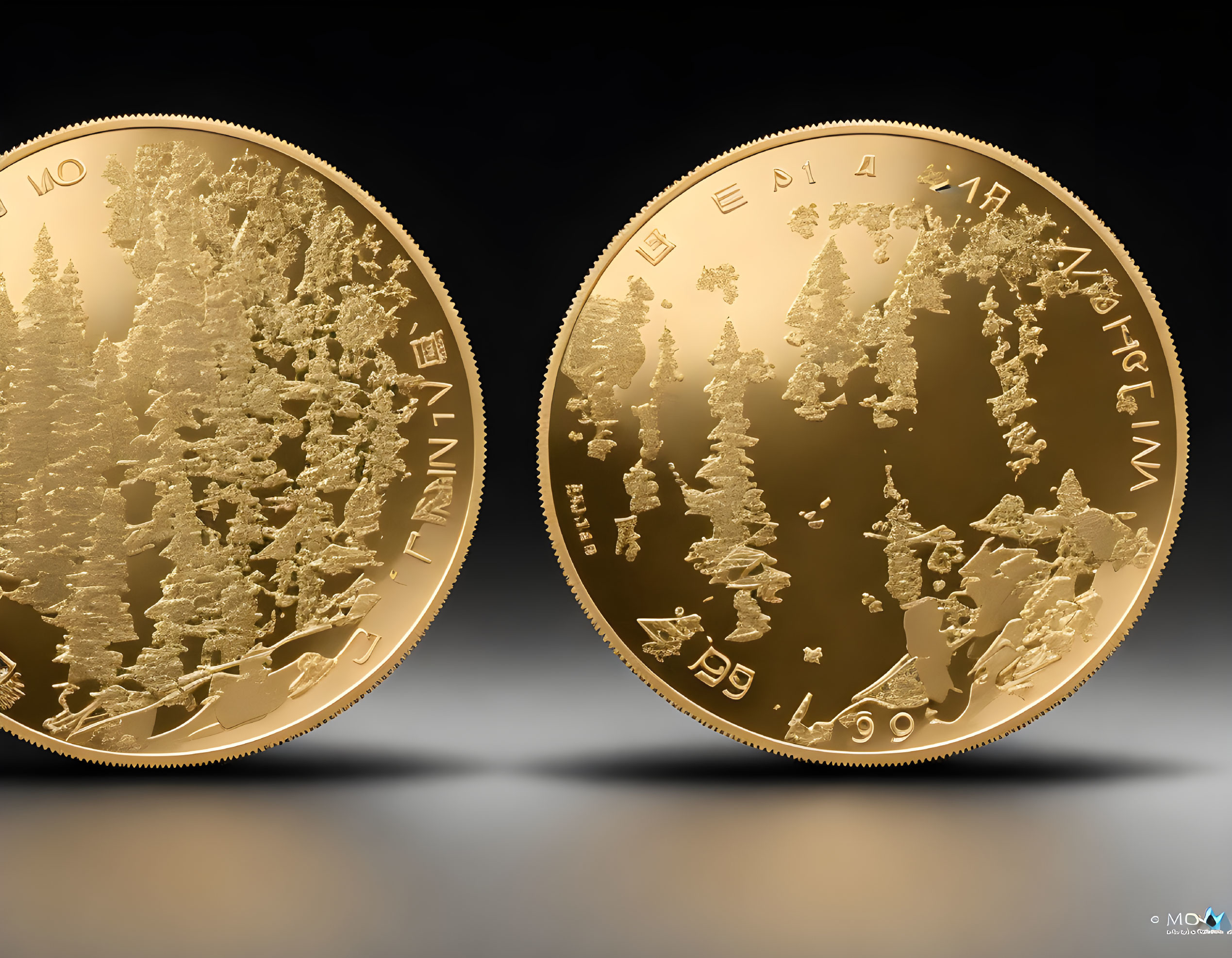 Two gold coins with tree designs on dark background