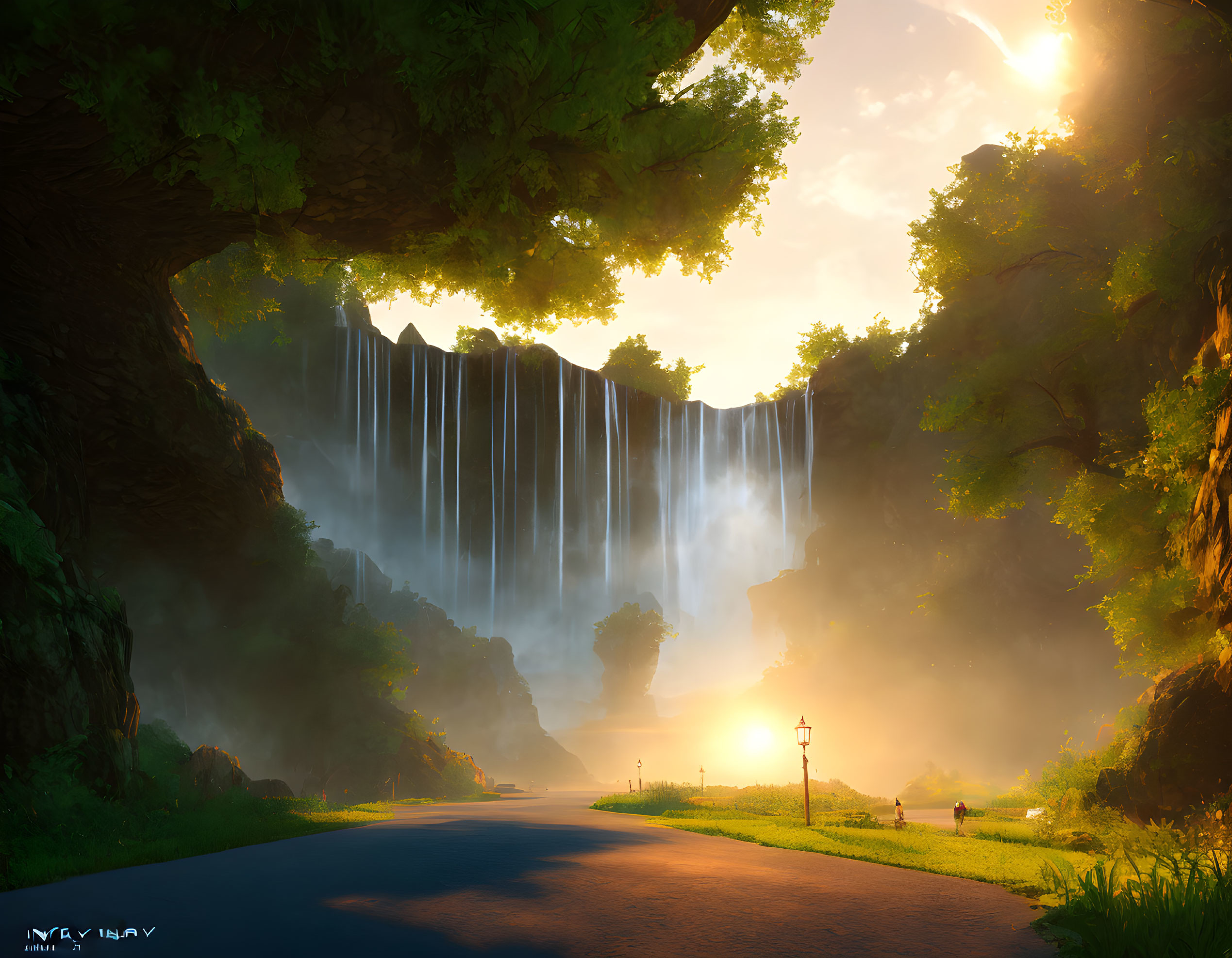 Scenic road through sunlit valley with waterfall and streetlamps