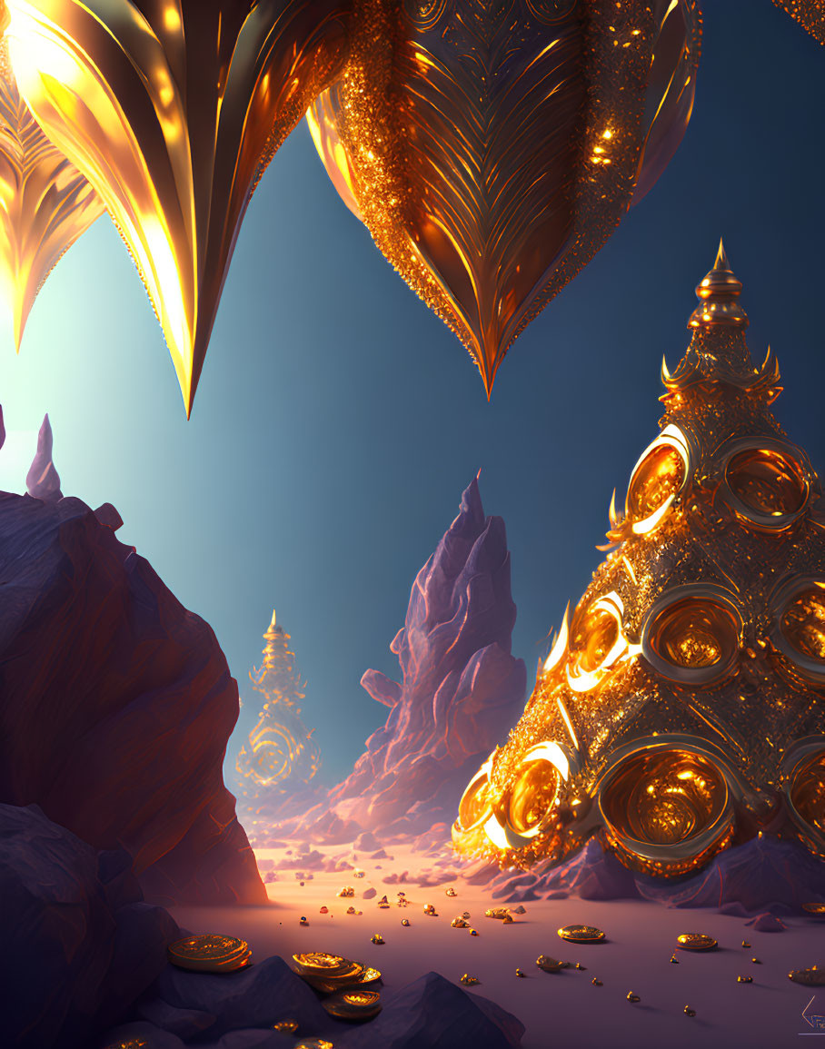 Fantasy landscape with glowing golden wing-like structures and ornate trees