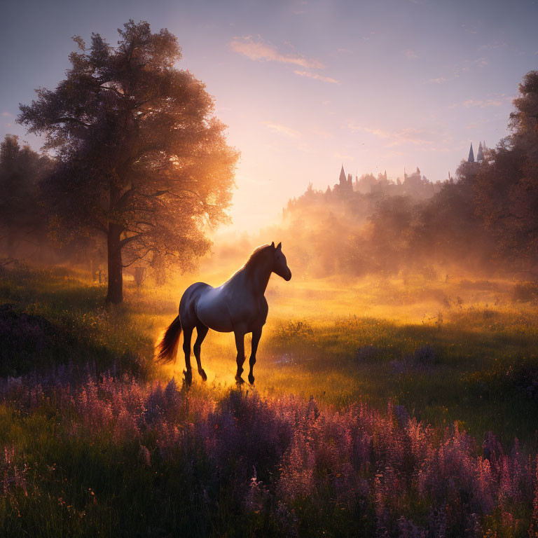 Horse in sunlit field with castle silhouette and purple flowers