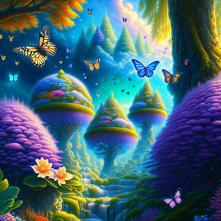 Colorful Fantasy Landscape with Trees, Butterflies, and Flowers at Night