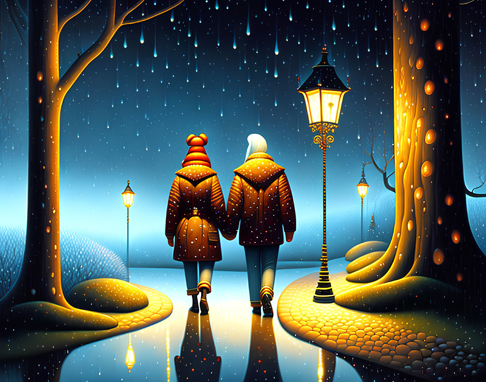 Two Individuals Walking on Snowy Pathway Amidst Winter Night