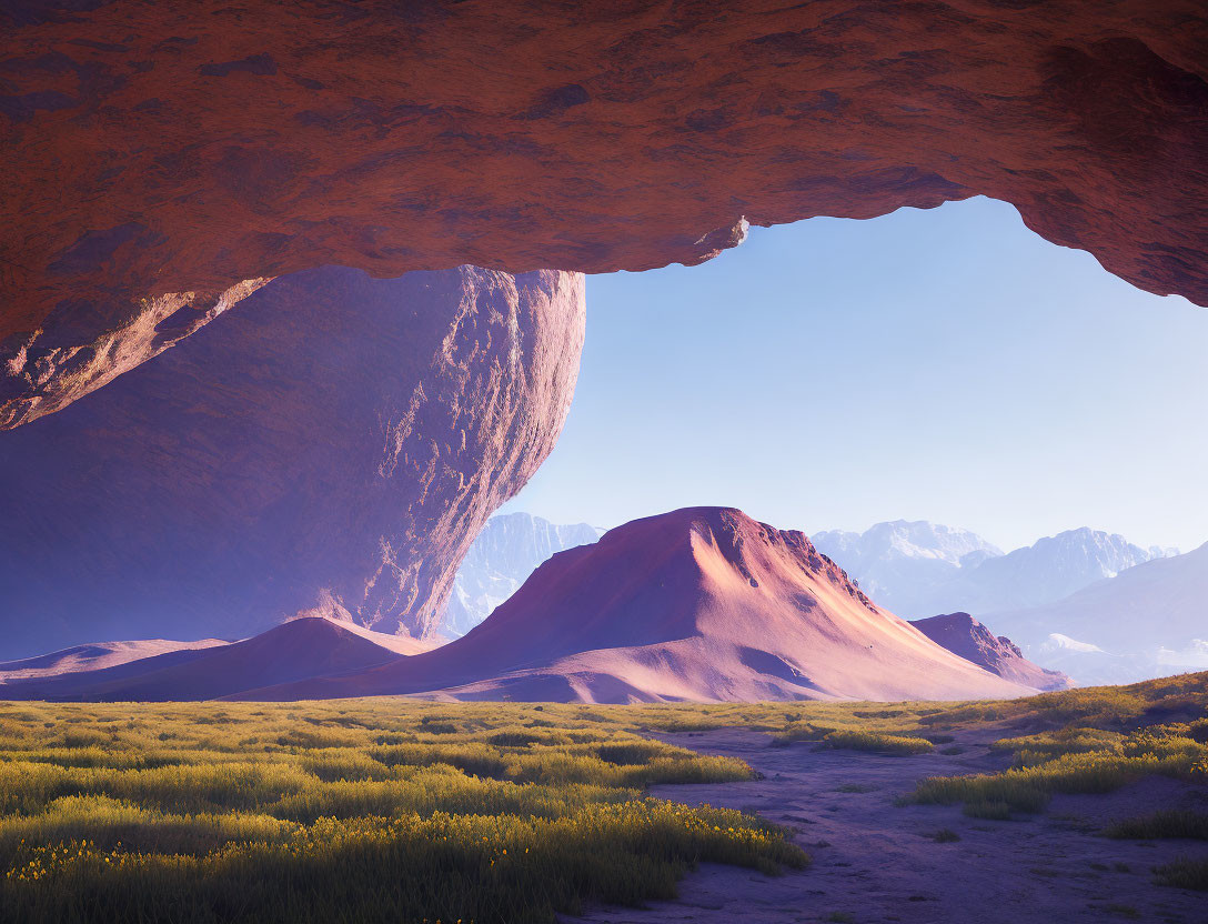 Desert landscape with rock formation and green foliage