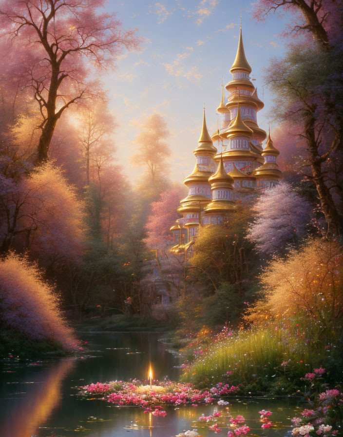 Mystical multi-tiered pagoda in serene landscape at dusk