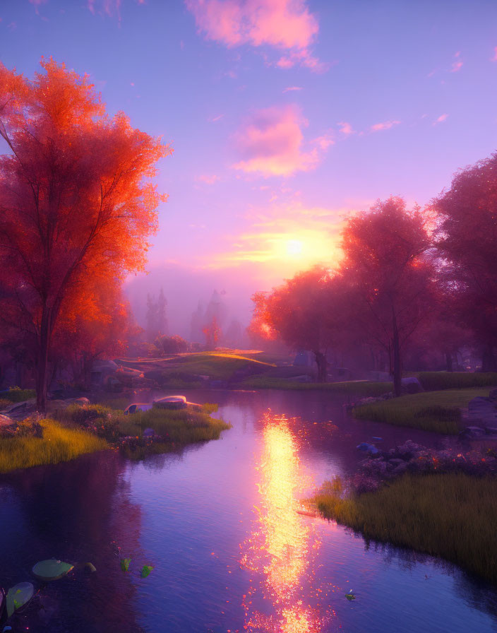 Tranquil river at sunset with red foliage trees in misty landscape