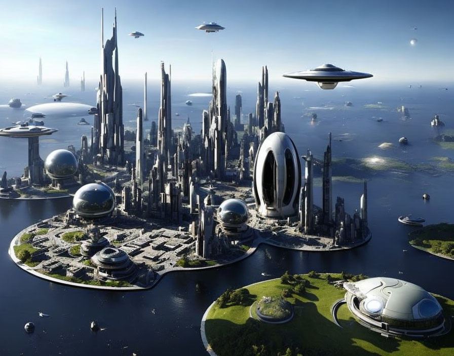 Futuristic cityscape with tall skyscrapers, green islands, and flying vehicles