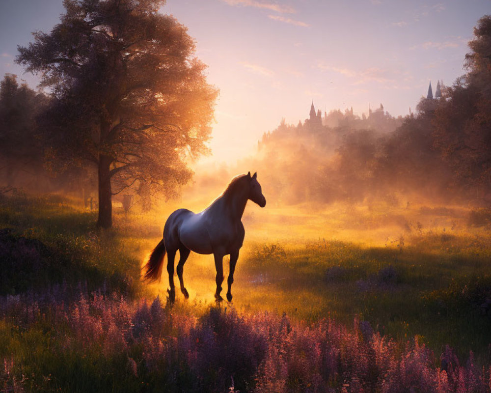 Horse in sunlit field with castle silhouette and purple flowers