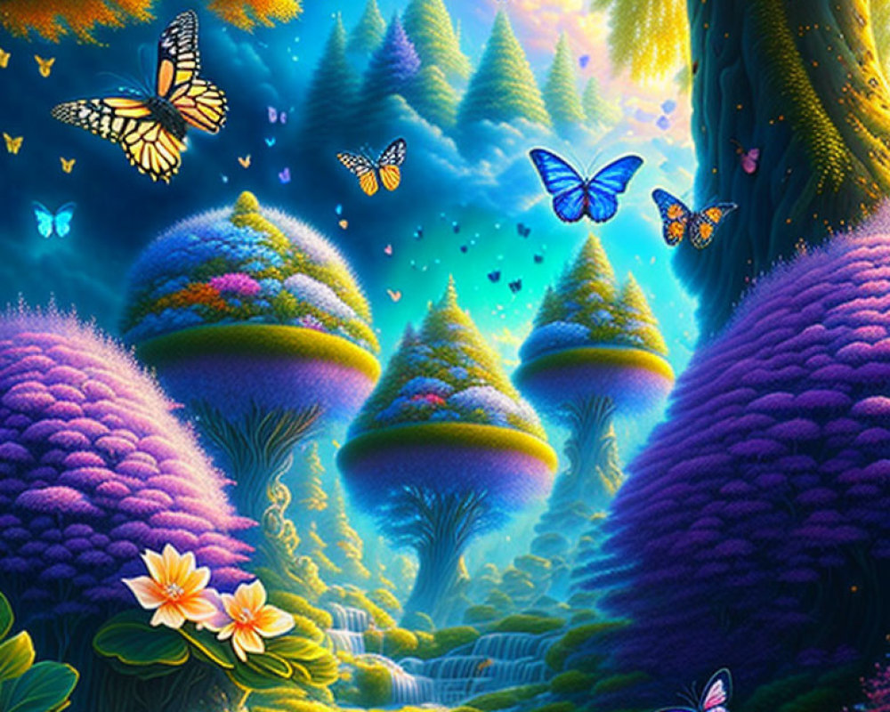 Colorful Fantasy Landscape with Trees, Butterflies, and Flowers at Night