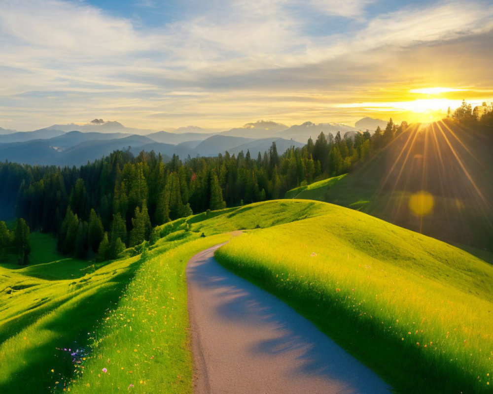 Scenic winding road through green hills at sunset