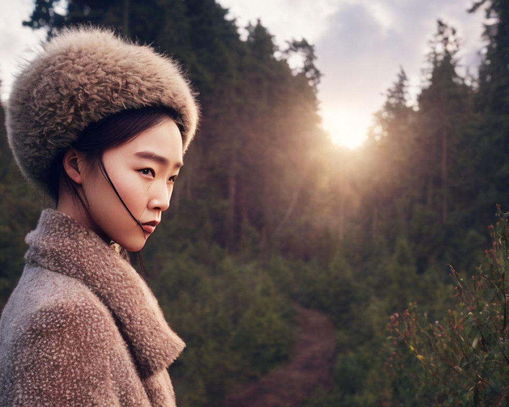 Woman in furry hat and coat gazes contemplatively at sunset-lit trees