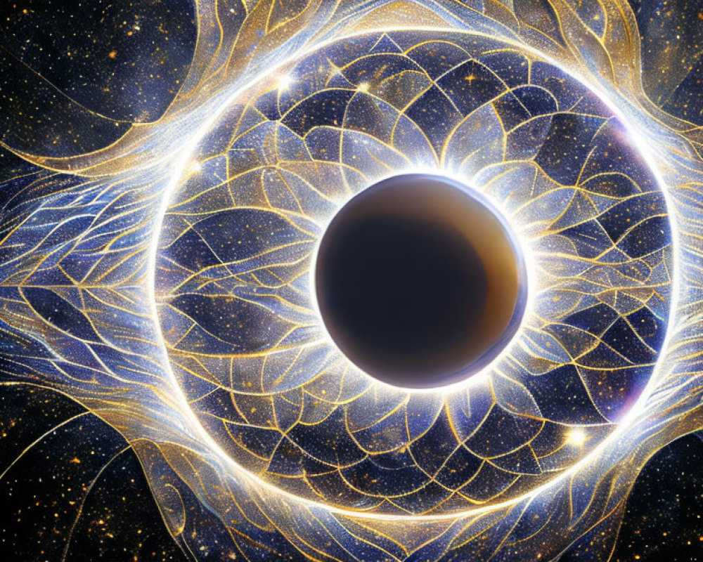 Illustration of black hole with swirling light patterns and golden particles