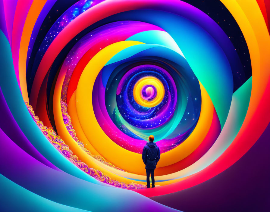 Colorful surreal swirl resembling cosmic portal with purple, blue, orange, and yellow hues.