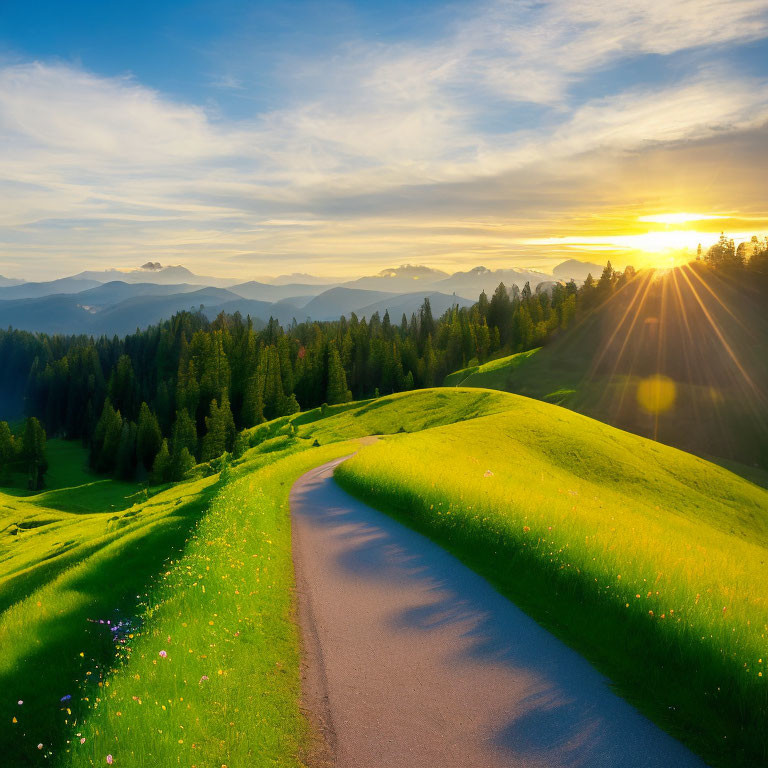 Scenic winding road through green hills at sunset