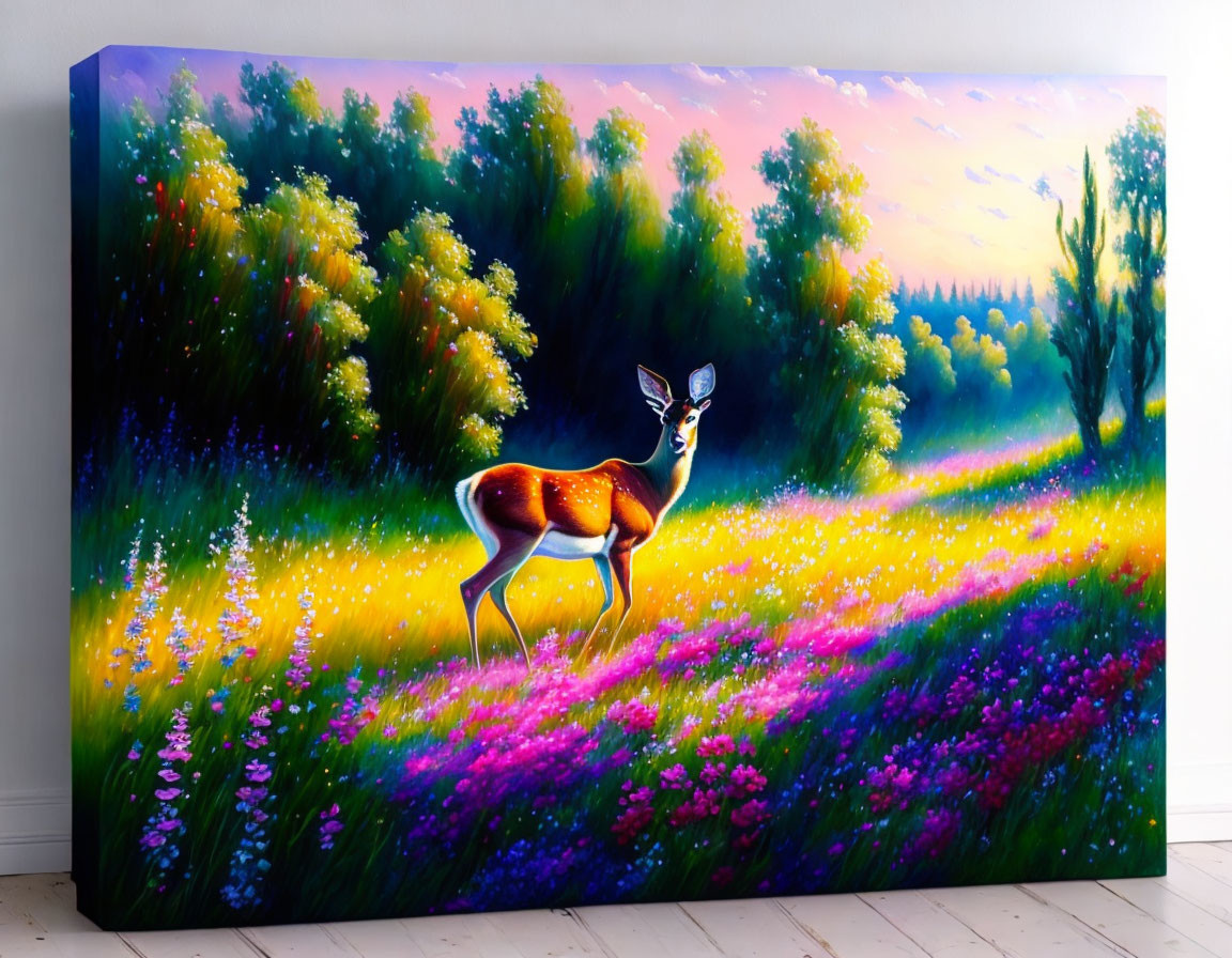 Colorful Deer Painting in Flower-Filled Meadow at Dawn or Dusk