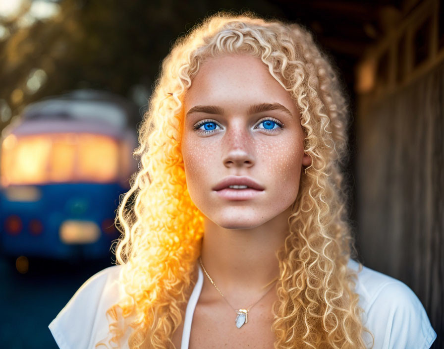 Curly blonde hair, blue-eyed person with freckles in front of sunlight and blue vehicle.