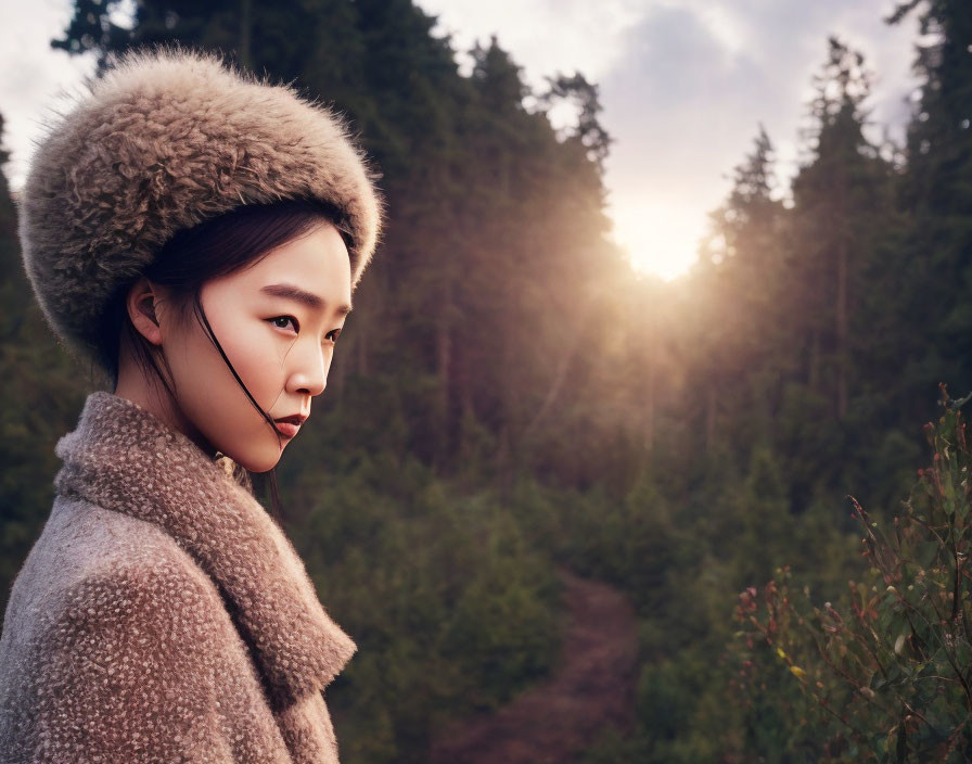 Woman in furry hat and coat gazes contemplatively at sunset-lit trees