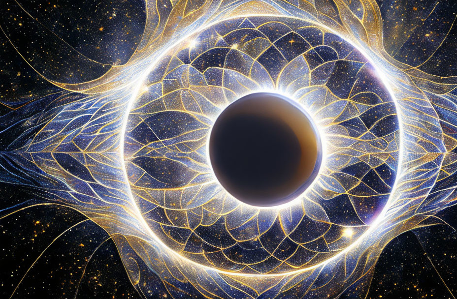 Illustration of black hole with swirling light patterns and golden particles