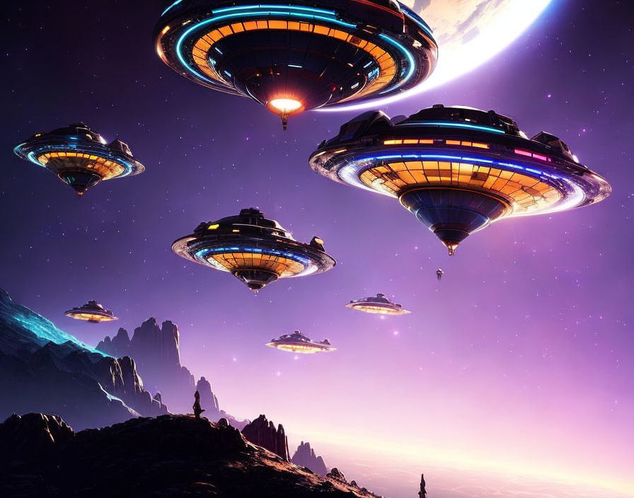 Multiple UFOs hover in purple twilight sky above rocky terrain.