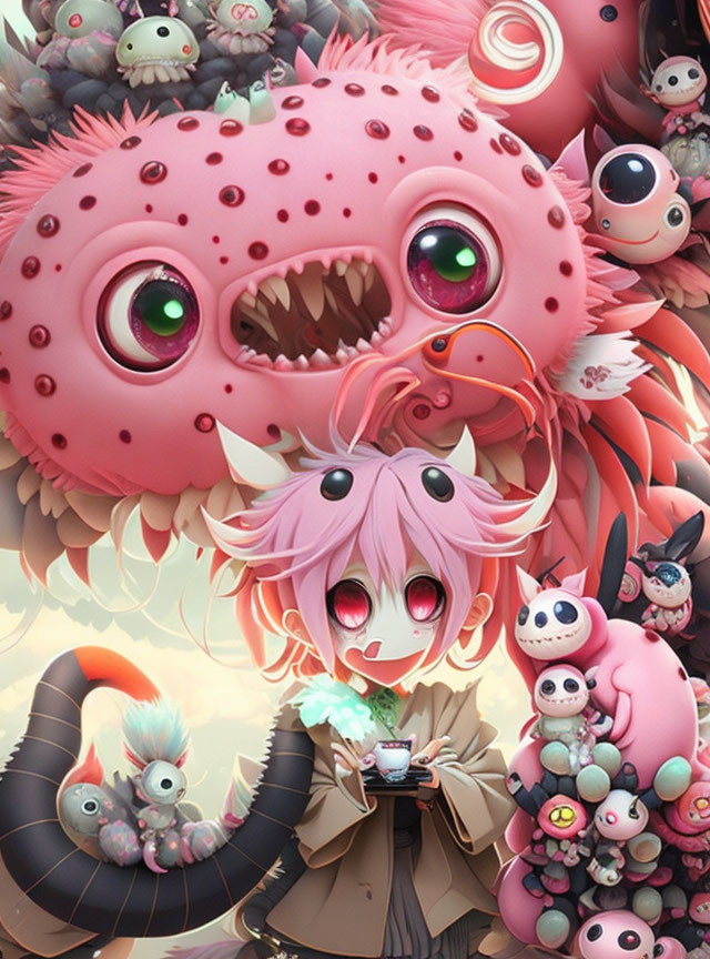 Whimsical illustration of character with pink hair and green eyes surrounded by cute creatures in pink, red