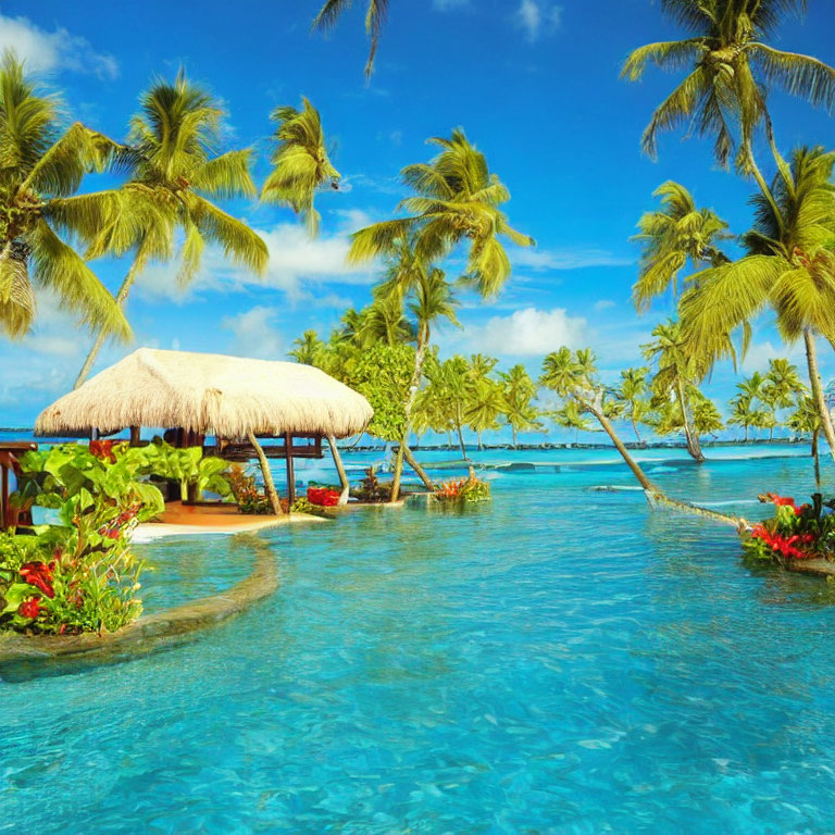 Tropical paradise with palm trees, pool, and ocean view