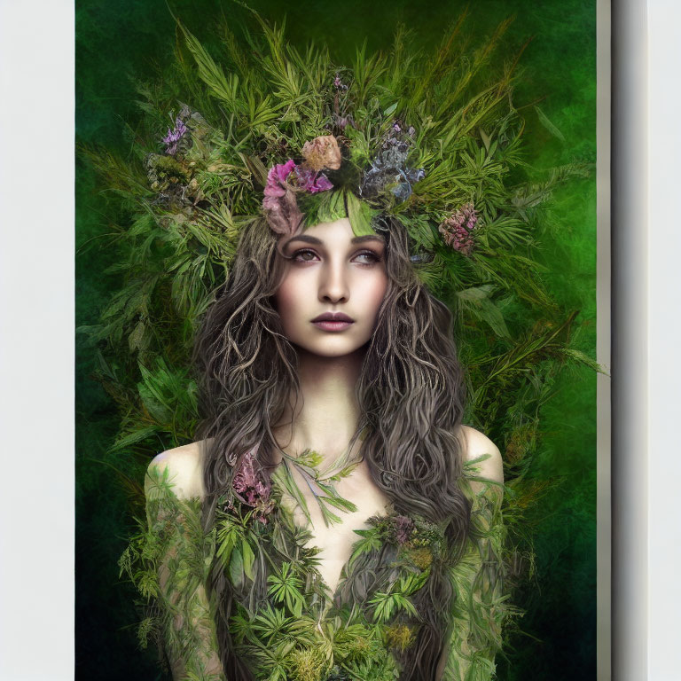 Woman adorned with greenery and flowers, exuding mystical nature aura