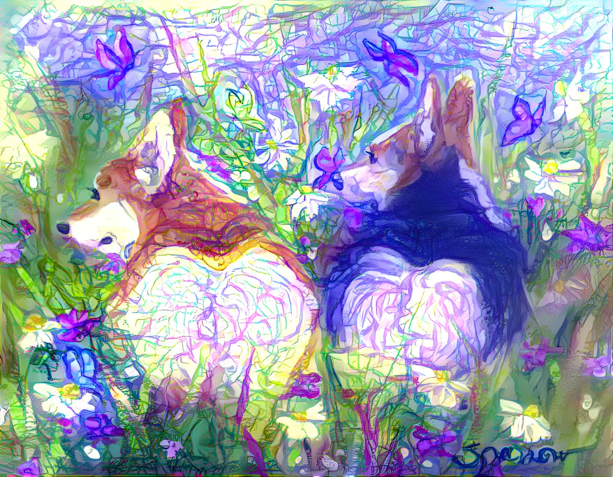 Corgi butts in purple squiggles 