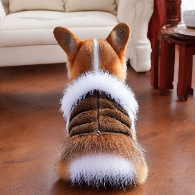 Furry Brown Jacket Corgi in Cream Sofa Living Room